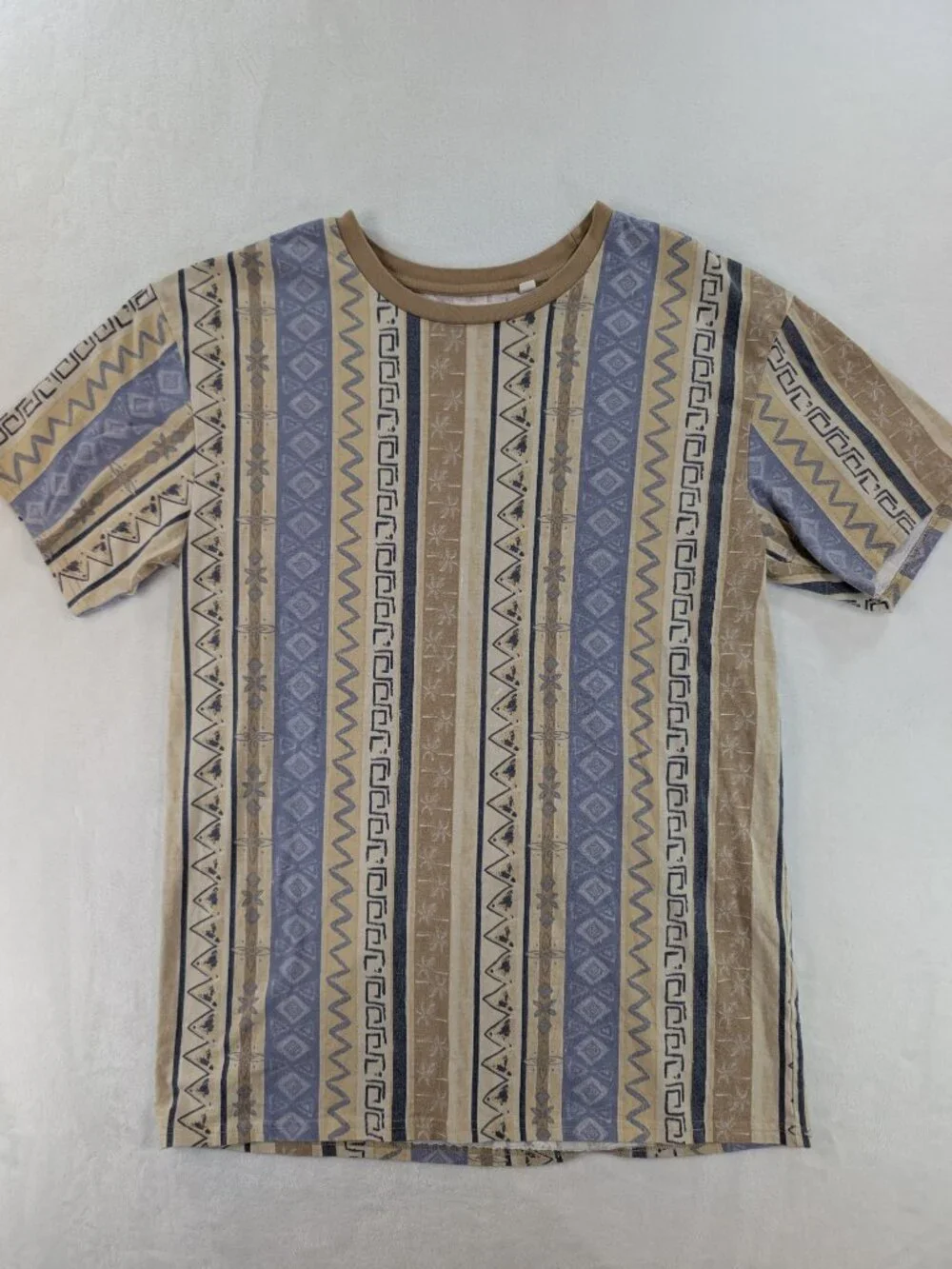 PacSun Aztec Tribal Ringer Tee Retro Southwestern Tan Blue Sz M